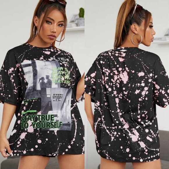 Shein Stay True Yourself Paint Splatter Tie Dye Oversized Tee Black Top‎ Size 6 - Picture 1 of 8